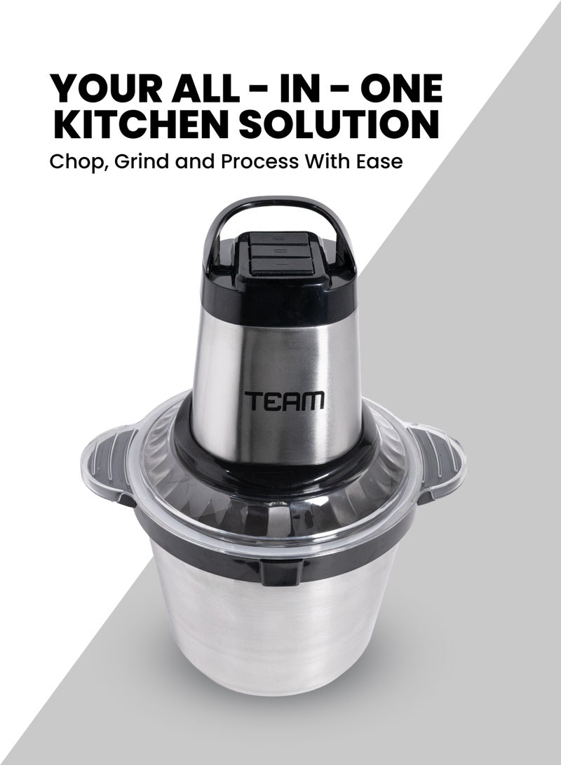 TEAM Multi-Functional Electric Food Processor, 4L Stainless Steel Bowl, 300W Powerful Motor, Meat Grinder & Vegetable Chopper, 3-Speed Control, Anti-Slip Base - Image 3